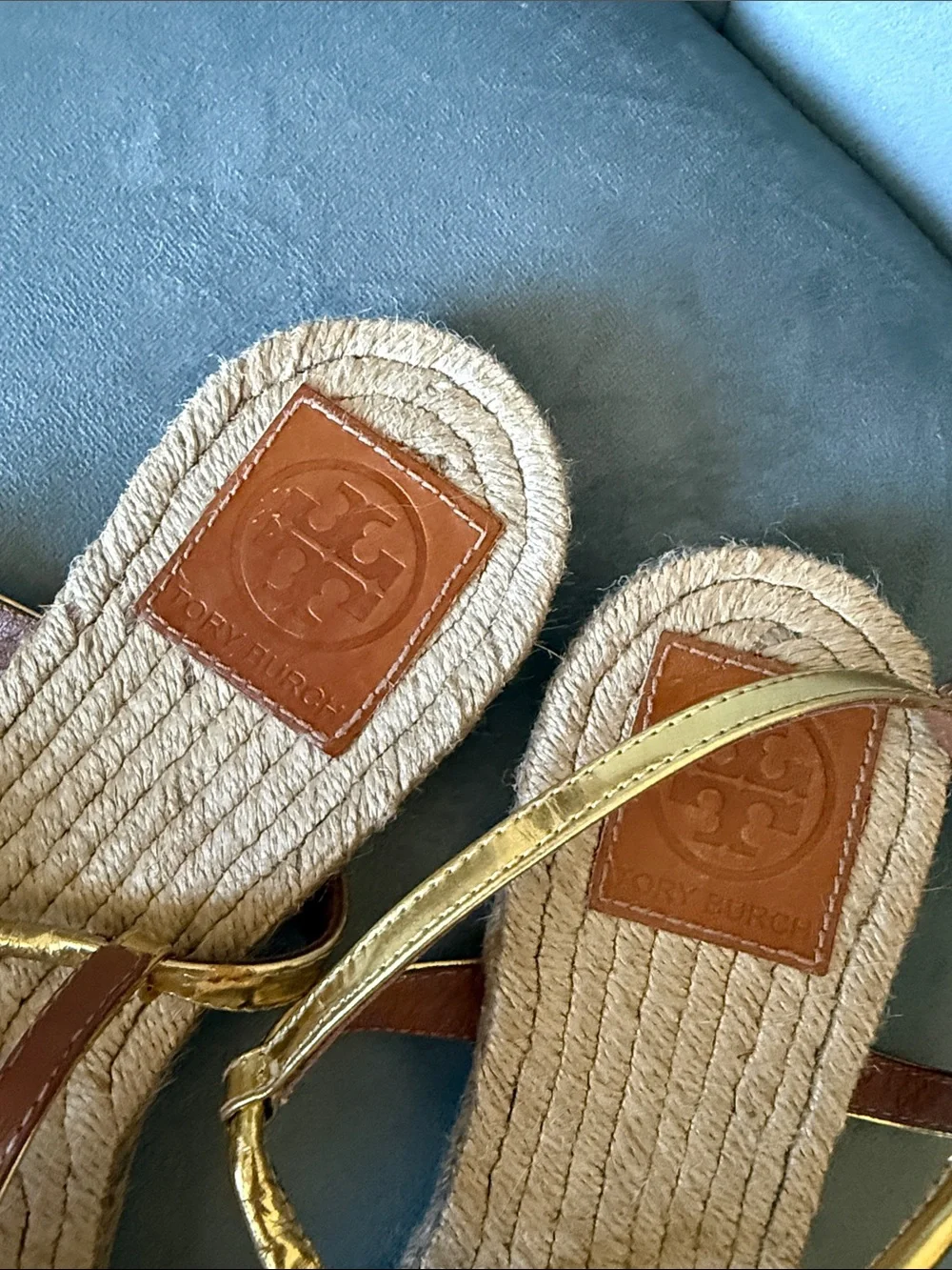 Tory Burch Emmy Flat Gold Metallic Leather T-Strap Sandals